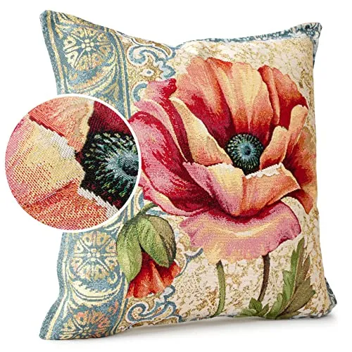ANRO Kissenbezug Dekokissen Kissen Sofakissen Kissenbezüge Kissenhülle Gobelin Motiv Mohnblume 45x45cm mit Füllung