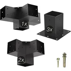 Sotech Holzverbinder / Bodenanker Vierkant, Stahl Verzinkt Und Schwarz Pulverbeschichtet Für Höchsten Korrosionsschutz, Anbau Set 6-tlg (2x Eckverbinder + 1x Mittelverbinder + 3x Bodenhülse)