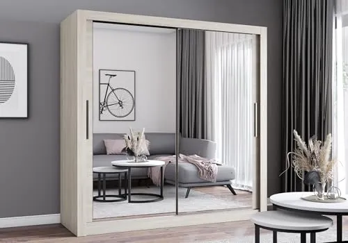 Fabryka Mebli Idźczak Kleiderschrank mit Spiegel - Moderner Schwebetürenschrank - Kleiderschrank mit großem Spiegel und leichtgängigen Schiebetüren, ideal für Schlafzimmer und Ankleidezimmer. Robuste Konstruktion für lange Lebensdauer und einfache Montage.