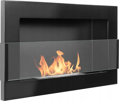 Wandhängender Biokamin mit Glas 65x40x12 cm Flammenregulierung Schwarz glänzend
