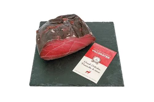 Südtiroler Hirschschinken Villgrater - ganzes Stück ca. 1 kg - Sonstige Süßigkeiten, fettarmer und würziger Hirschschinken, ideal für Brettljausen und Wildgerichte, mild geräuchert mit heimischen Bergkräutern.