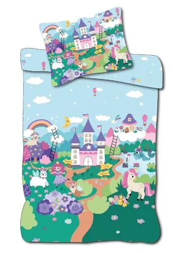 Prinzessin Baby Bettwäsche mit Märchenschloss 100 x 135 cm - Bettwäsche-Set für Unisex Baby & Kleinkind, aus 100% Baumwolle, pflegeleicht bis 60°C, ideal für süße Träume im Babybett.