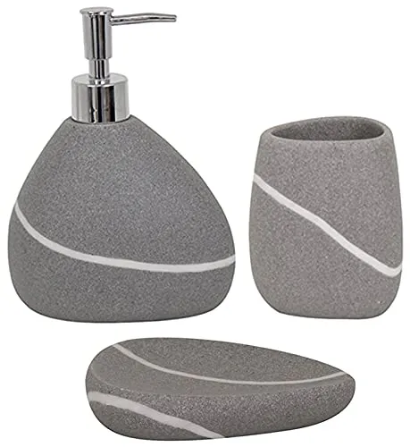 MSV Bad Accessoires Polyresin 3-teilig - Seifenspender, Seifenschale, Zahnputzbecher Stone Grau Zen - Badausstattung Set mit elegantem Design aus Polyresin, das Ihrem Bad eine schicke Atmosphäre verleiht. Ideal für ein modernes Badezimmer!