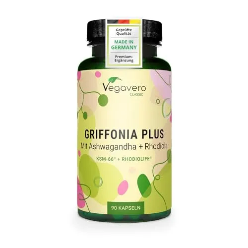 Vegavero Griffonia Plus | 90 Kapseln mit 5-HTP, Ashwagandha & Rhodiola