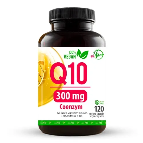 Hochdosiertes Coenzym Q10 300mg – 100% Vegan, 120 Kapseln - Antioxidant Coenzym Q10, 300 mg pro Kapsel, laborgeprüft und aus pflanzlicher Fermentation. Ideal zur Unterstützung der Zellenergie und 100% natürlich ohne tierische Zusatzstoffe.