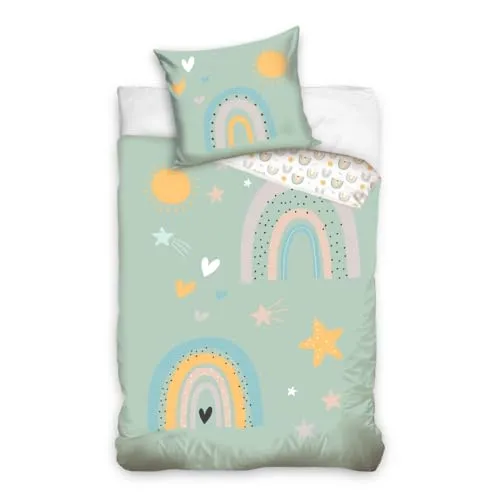 MTOnlinehandel Kinder Bettwäsche Set 135x200 cm – Regenbogen, Sonne, Sterne - Bettwaren-Set für Kinder aus 100% Baumwolle, sanft und weich, mit zauberhaften Motiven für eine beruhigende Atmosphäre im Kinderzimmer.