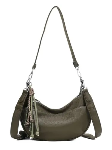 ITALYSHOP24 DAMEN TASCHE MOON Bag Crossbody Runde Schultertasche Hobo Bag Taschenanhänger Umhängetasche Shopper Crossover Handtasche Halbmond Leder Optik Reise (Olivgrün)