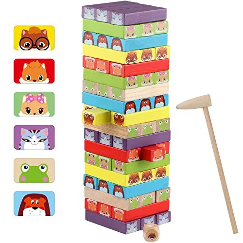Jacootoys Klassische Stapelspiel Holz Gefärbt Bausteine Turm Brettspiele Stapelturm Geschenk für Kinder Erwachsene 54 Stück
