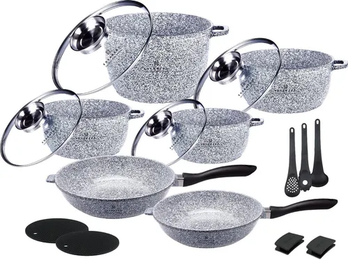 Edenberg Topf-Set Schöne graue Töpfe in verschiedenen Größen Pfannen Steinbeschichtung, Aluminiumguss, Aluminium, Edelstahl, Keramik (Multifunktional, geeignet zum Kochen, Braten und Backen!, 17-tlg., Es ist eine perfekte Geschenkidee für jeden Anlass), Innovative Aroma Knob-Griffe