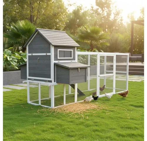 Melko XXL Hühnerstall Holz Grau/Weiß mit Freilaufgehege – Fuchssicherer Geflügelstall 310 cm