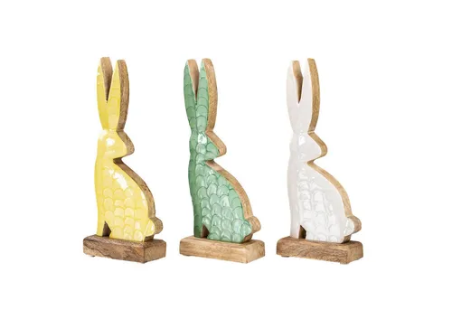 Levandeo® Dekofigur, 3er Set Osterhasen aus Mangoholz H28cm - Exklusive Osterdeko aus Mangoholz mit schimmernder Emaille-Oberfläche in Grün, Gelb und Weiß. Jedes Stück ist ein individuelles Naturprodukt und setzt fröhliche Akzente in Ihrem Wohnraum.