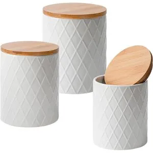 MIAMIO Set von 3 Vorratsdosen - Palmanova Kollektion (Weiß) - Glasbehälter & Töpfe, luftdicht mit hochwertigem Bambusdeckel für langanhaltende Frische, ideal zur Aufbewahrung von Lebensmitteln und als stilvolle Deko.