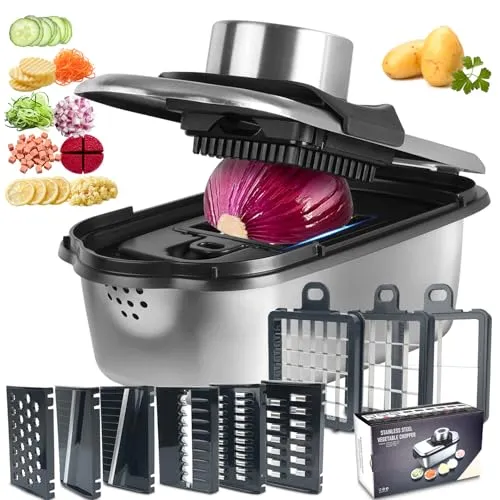 Ecopandy Dicer Smart 9-in-1, Edelstahl Gemüseschneider Und Mandoline Gemüsehobel Set (11 Teile), Julienne- und Würfelschneider für Gurken Zwiebeln Kartoffeln Früchte,Scheiben, Streifen (Gemustert)