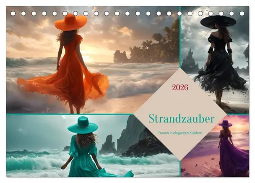 CALVENDO Wandkalender Strandzauber - Elegante Frauen in Kleidern 2026 - Schöner Tischkalender im A5-Format mit Spiralbindung. Perfekt für Strandliebhaber, bringt Urlaubsstimmung in Ihr Zuhause.