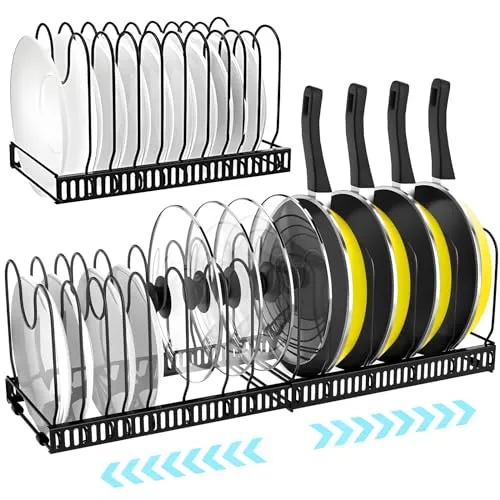 ZLPBAO Pfannenhalter für Schublade, Deckelhalter mit 14 verstellbaren Teiler, Topf Organizer, Erweiterbarer Topfdeckelhalter Perfekt für Küchenutensilien Pfannen, Töpfe und Deckel, Schwarz