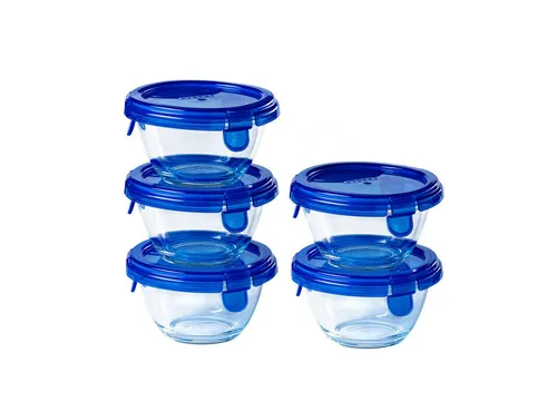 Pyrex® 5er Set runde Glasbehälter mit blauem Deckel - Praktisches 5er Set aus luftdichten Glasbehältern (0,2 l) für die Aufbewahrung und den Transport von Lebensmitteln. BPA-frei, temperaturbeständig und spülmaschinenfest – ideal für die tägliche Nutzung!