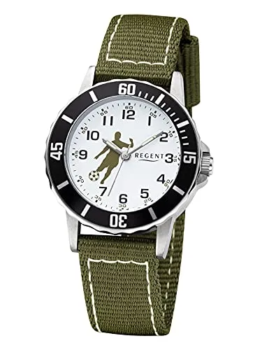 Regent Jungen Analog Quarz Uhr 12400303 - Armbanduhr für Jungen mit grünem Edelstahlgehäuse, 5 bar wasserdicht und ideal für den täglichen Gebrauch. Perfekt für kleine Fußballfans!