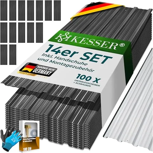 KESSER Trapezblech 14er Set - 7 m² verzinkte Dachplatten - Vielseitige Trapezbleche aus verzinktem Stahl, ideal für Dächer und Wände. Mit vorgebohrten Löchern für einfache Montage und inklusive Montagehandschuhe.