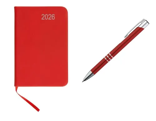Livepac-Office Taschenkalender 2026 / ca A7 / PU Einband/Farbe: rot + Metall Kugelschreiber