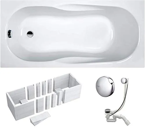 VBChome Badewanne 140x70x41 cm Acryl SET Rechteckwanne, Styroporträger, Siphon, Ablaufgarnitur Chrom, Modernes Design, Weiß, Robustes Material, Einfache Montage, Komfortabel und Hygienisch