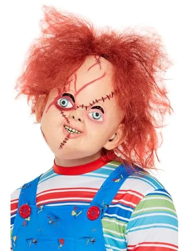 Smiffys Chucky-Latexmaske - Überkopf-Maske mit Stickverzierung - Masken & Brillen für Erwachsene, hochwertige Chucky-Latexmaske in Einheitsgröße, perfekt für gruselige Kostümpartys und Events.