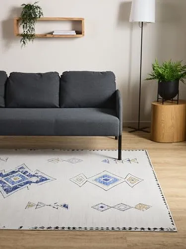 Interiyou Vintage Teppich Wohnzimmer Gent - 160x230 cm Beige/Multicolor - Für Schlafzimmer, Esszimmer, Kinderzimmer - Kurzflor waschbar und rutschfest, Print Muster