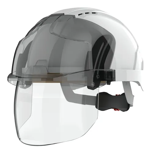 JSP EVO VISTAshield mit Visier weiß - Schutzhelm mit integriertem Visier, bietet optimalen Schutz und Sicht für verschiedene Arbeitsumgebungen.