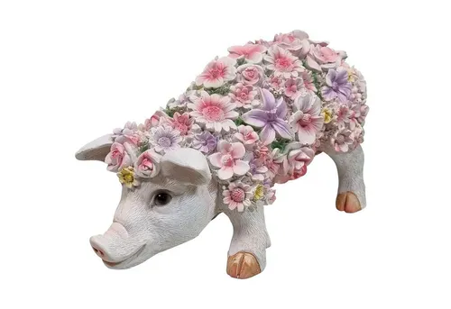 Fachhandel Plus Tierfigur Schweinchen mit Blumendekor Dekofigur Gartenfigur (1x stehend), witzige Gartenfigur