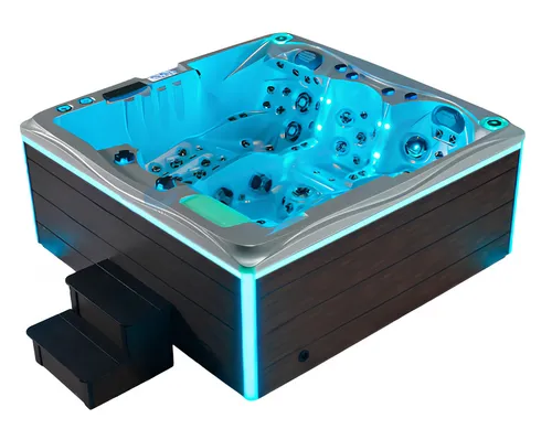Sprudelbad Outdoor Whirlpool 210x210cm mit Hydromassage - Quadratischer Whirlpool aus Acryl mit LED-Beleuchtung und Wasserfall. Ideal für entspannende Stunden im Freien. Maße: 210 x 210 x 92 cm, Farbe: Silber, Herstellergarantie: 2 Jahre.