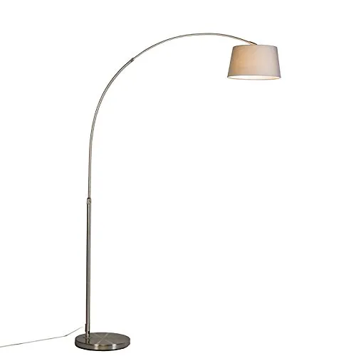 Qazqa Moderne Bogenlampe aus Stahl in Silber mit grauem Stoffschirm - Elegante Bogenlampe für stilvolle Innenräume. Ideal für Esszimmer und Wohnzimmer. Dimmbar (Dimmer nicht enthalten) und geeignet für E27-Leuchtmittel.