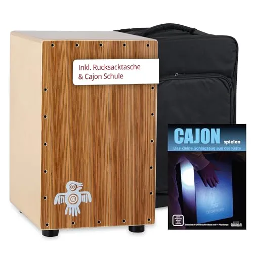 XDrum PERC CP-484 Cajon Peruana Zebrano Set - Percussion-Instrument mit 3 mm Schlagplatte aus Zebrano für ausgewogenen Klang, inkl. Rucksack-Tasche und Cajon-Schule – ideal für Musiker und Einsteiger.