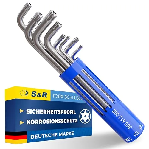 S&R Torx-Winkelschlüsselsatz 8-tlg, gebohrt TXH10-TXH50, Sicherheits-Winkelschlüssel für Torx BO-Schrauben, aus CrV-Stahl, Industriequalität, präzise und langlebig, Torxschlüssel in Halteclip
