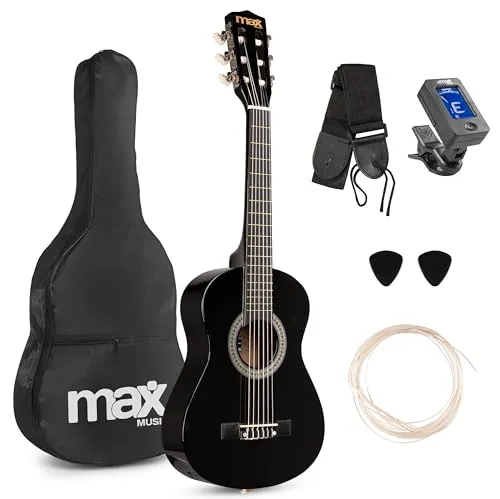 MAX SoloArt - 1/4 Gitarre - Akustik Gitarre inkl. Tasche, Plektrum, Gurt und Saiten-Zubehör, Kindergitarre, Guitar in Schwarz