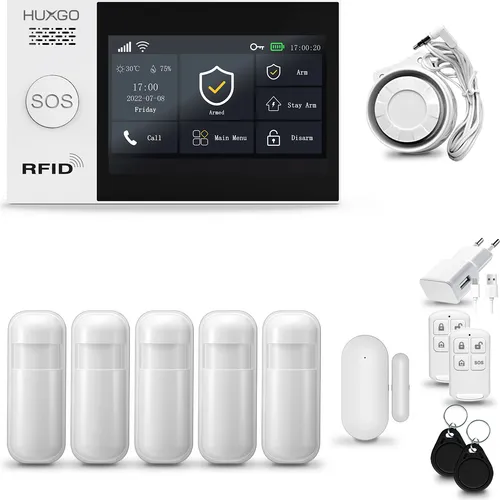 HUXGO HXA007 Alarmanlage Haus WiFi + GSM 4G LTE mit Sirene, Alarm System mit 5x Bewegungssensor und 1x Tür-Fenstersensor, Alarmanlage für Wohnung, Haus, Garage, Tuya Smartlife App