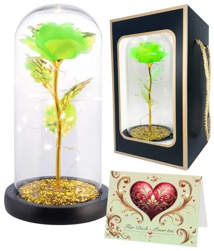 Lunartec Kunstblume Rose: Ewige Rose unter Glas mit LED-Licht, grün, 21,5 cm, in Geschenktasche (schöne-Blume, Nachtischlampe)