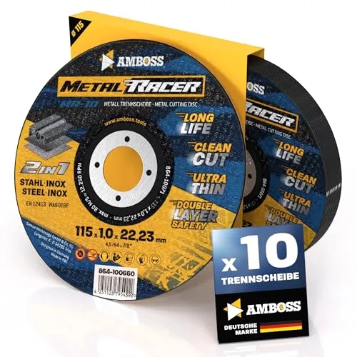 10x Metall-Trennscheibe Ø 115 x 1 x 22.23mm - Die Metalltrennscheibe Metal Racer by AMBOSS WERKZEUGE ist geeignet für Stahl & Edelstahl, Stahl/Inox Trennscheibe 115 passend für Winkelschleifer