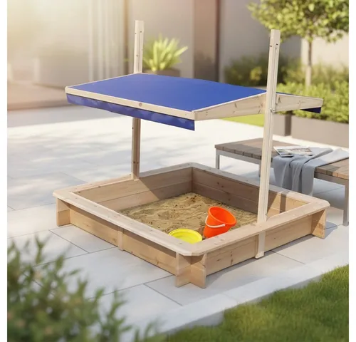 Melko Sandkasten Sandkasten Sandkiste 120x120 CM Holz mit verstellbaren Dach Sandbox, (Stück), Mit verstellbarem Sonnendach