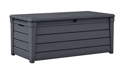 Keter Brightwood Gartenbox 455L - Wetterbeständige Aufbewahrungsbox mit Sitzfunktion - Auflagenbox mit 455L Stauraum, ideal für Kissen und Gartenutensilien. Wetterfest und UV-beständig, dient auch als stabile Sitzbank für 2 Personen.