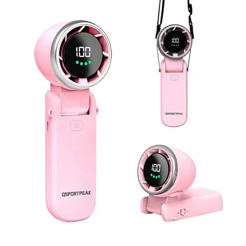 QSPORTPEAK Tragbarer Mini-Lüfter mit 4000-mAh-Akku, USB-Lüfter, faltbarer Handlüfter, turbostarker lüfterloser kleiner Taschenlüfter mit LED-Display, geeignet für Reisen/Camping/Outdoor, Rosa
