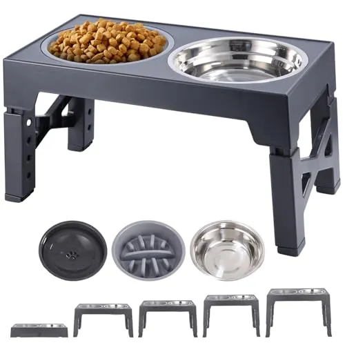 Toaren Hundenapf Höhenverstellbar,Hundenapf Erhöht Futternapf Hund Erhöht mit 5 Höhen, mit Auslaufsicher Wassernapf,Langsamfütterer Hundenäpfe,Edelstahl-Schüsseln, für Große Mittelgroße Hunde (Grau)