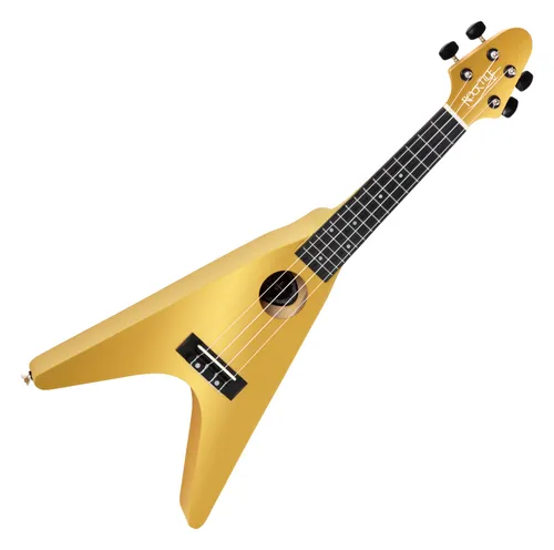 Rocktile FV-04 GD Ukulele Gold - Heavy-Design Sopran-Ukulele - Sopran-Ukulele im Heavy-Design mit 343 mm Mensur, ideal für Musikliebhaber, ausgestattet mit hochwertigen Aquila Super Nylgut-Saiten und 2 Gurtpins.