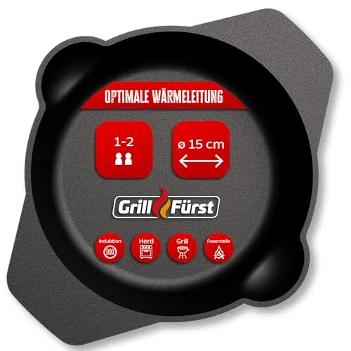 Grillfürst Gusseisenpfanne Grill mit Zwei Henkel-Griffen Ø 15 cm - Massive Gusspfanne mit hohem Rand, extrem hitzebeständige Gusseisen Pfanne für Gasgrill, Herd und Feuer