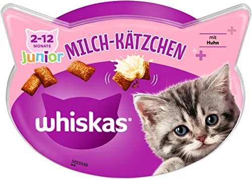 Whiskas Milch-Kätzchen Katzensnacks 8x55g - Gesunde Leckerlis für Junior-Katzen - Katzenfutter für 2-12 Monate alte Katzen, reich an Milch für gesunde Zähne und Knochen. Angereichert mit Vitaminen, ohne künstliche Aromen, ideal für das Wachstum.