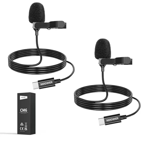 NEEWER Mini USB C Lavalier Mikrofon 2er Pack Kompatibel mit iPhone 16 15 Pro Max Android Handy Tablet PC, Ansteckbares omnidirektionales Kondensator Ansteckmikrofon mit 2m/6,6ft Kabel