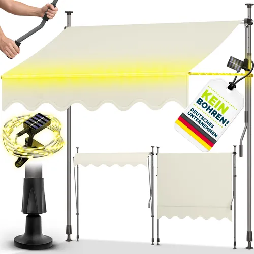 tillvex Klemmmarkise 200 cm Sand mit Solar LED - Hochwertige Balkonmarkise ohne Bohren, mit höhenverstellbarem Rahmen und praktischer Handkurbel. Ideal für perfekten Sonnenschutz und stimmungsvolle Abende dank solarbetriebener LED-Beleuchtung.