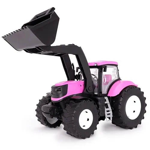 Toyland® 39 cm (15 Zoll) rosa Traktor mit zu öffnenden Türen und anhebbarem Frontlader – Maßstab 1:16 – Spielzeug-Landwirtschaftsfahrzeuge