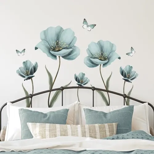 Tanlaby Große Blumen Wandtattoo Vintage Blumen Wandsticker Blauer Schmetterling Wandaufkleber für Frauen Wohnzimmer Schlafzimmer Büros Sofa Hintergrund Hause Wanddekoration