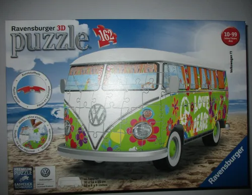 Ravensburger 3D Puzzle Volkswagen T1 Hippie Style - 3D Puzzle mit 162 Teilen im bunten Hippie-Design, ideal für Autofans und Puzzleliebhaber, fördert die Konzentration und Kreativität.