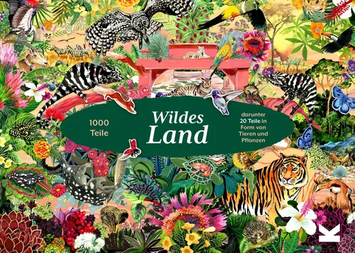 Wildes Land 1000-Teile-Puzzle - Puzzle mit 1000 Teilen und 20 einzigartigen Tier- und Pflanzenformen, ideal für Familien. Enthält ein Poster mit inspirierenden Erfolgsgeschichten über die Natur.