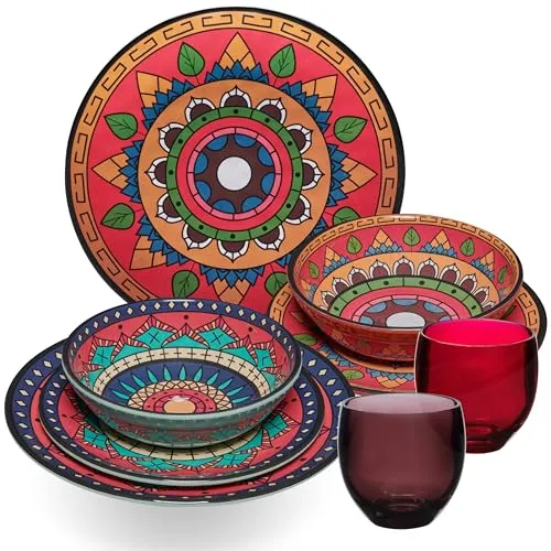 Melamin Geschirr Set Toskana Deep für 2 Personen - 8 Teile - Rot-Grün - Mandala-Optik mit farblich passenden Trinkgläsern 400 ml Zubehör Campinggeschirr Wohnwagen Camping Festival Picknick Gartenparty